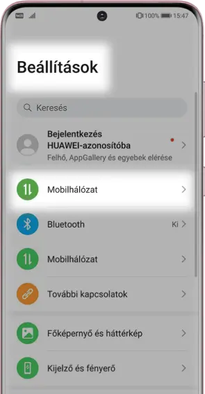 Lépj be készülékeden a <b>Beállításokba</b>, majd Válaszd ki a Mobilhálózat menüpontot.