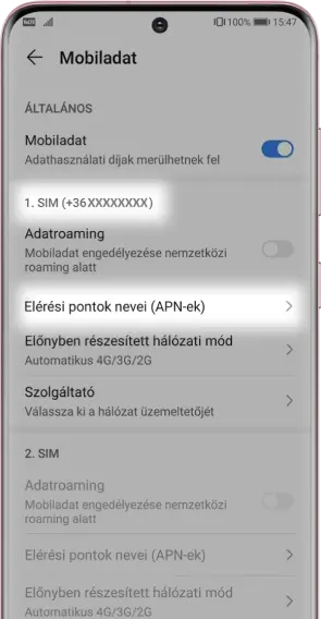 Lépj be az <b>Elérési pontok nevei (APN-ek)</b> menüpontba.