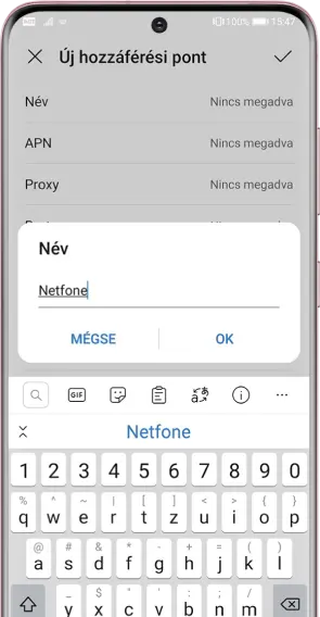 Kattints legfelül a Név sorra és nevezd el a hozzáférési pontot Netfone-ra. Az OK gomb megnyomásával tudsz tovább lépni.