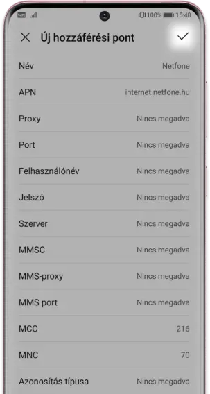 Nem szükséges további adatokat megadnod, a jobb felső sarokban lévő pipára kattintva tudod elmenteni az új APN címet.