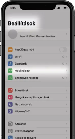Lépj be készülékeden a <b>Beállításokba</b>, majd Válaszd ki a <b>Mobilhálózat</b> menüpontot.