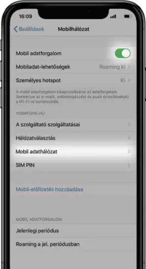 Engedélyezd a Mobil adatforgalmat, majd válaszd ki a <b>Mobil adathálózat</b> menüpontot.