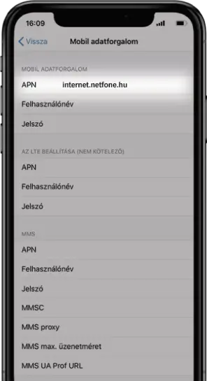 Az APN sor megnyomását követően tudod megadni az APN címet: <b>internet.netfone.hu</b>